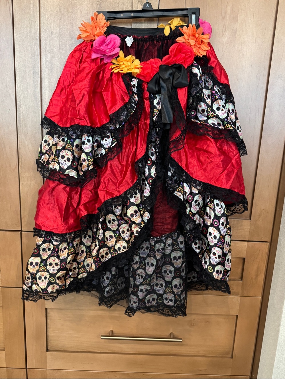 Catrina day of dead Red Black wrap High-Low Skirt with Skull Panels
